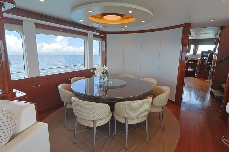  Yacht Photos Pics Luxurious dining area on 2013 Cheoy Lee Bravo yacht with ocean view.