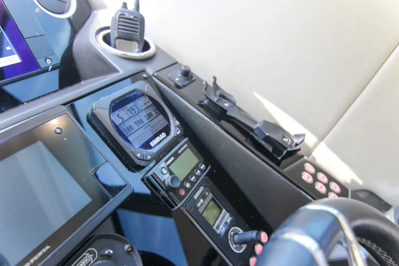  Yacht Photos Pics Control panel of a 2017 Sunseeker Predator 57 yacht with navigation equipment.