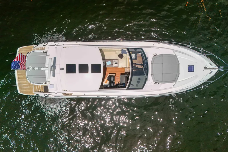  Yacht Photos Pics Overhead view of 2017 Sunseeker Predator 57 yacht on water.