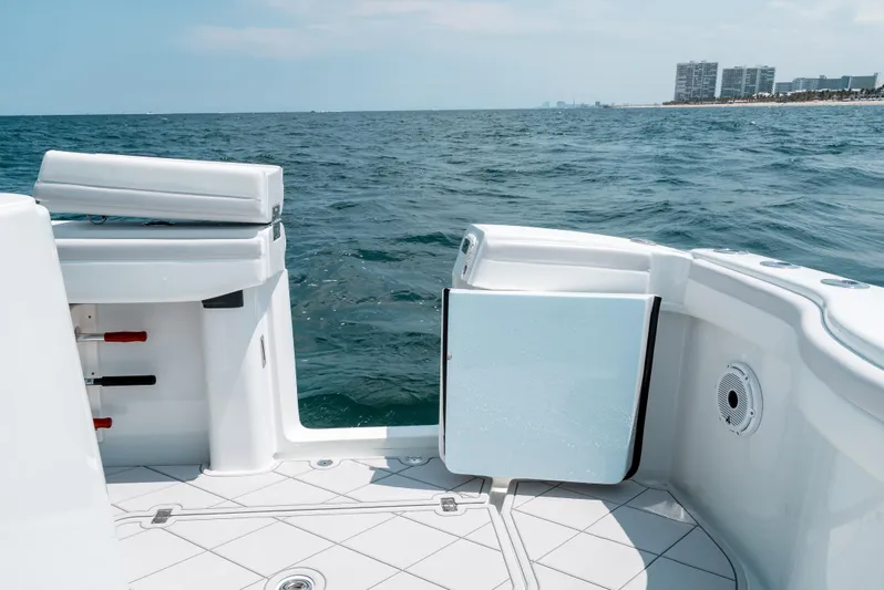  Yacht Photos Pics 2017 Yellowfin 42 boat deck with ocean view and open side door.