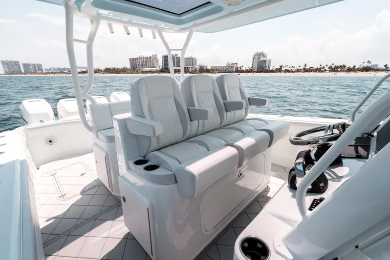  Yacht Photos Pics 2017 Yellowfin 42 boat interior with luxurious seating and ocean view.