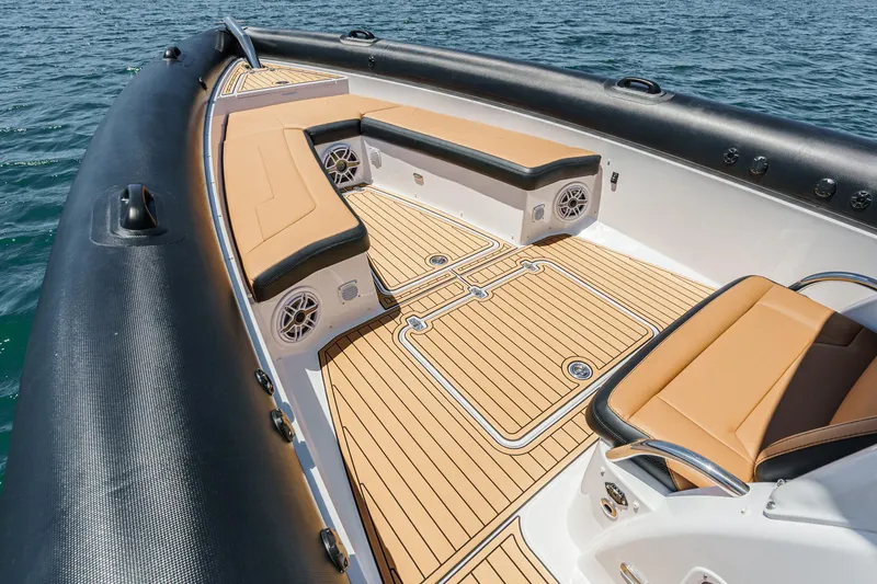 Jilly Bean Yacht Photos Pics Luxurious Airship 340 boat interior with tan seating and sleek design, 2025 model.