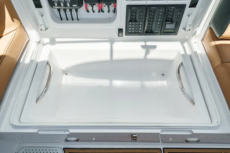 Jilly Bean Yacht Photos Pics Control panel and storage compartment in 2025 Airship 340 boat interior.