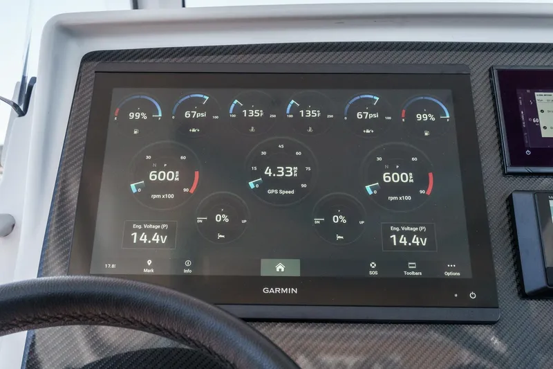 Jilly Bean Yacht Photos Pics Dashboard display of Airship 340, 2025 model, showing engine metrics and GPS speed.