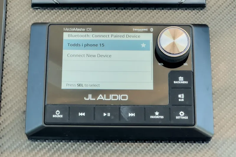 Jilly Bean Yacht Photos Pics JL Audio MediaMaster 105 displaying Bluetooth connection options on Airship 340, 2025 model.