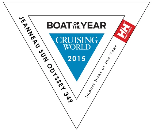 Naia Grey Yacht Photos Pics Jeanneau Sun Odyssey 349, 2022, Cruising World 2015 Boat of the Year award logo.