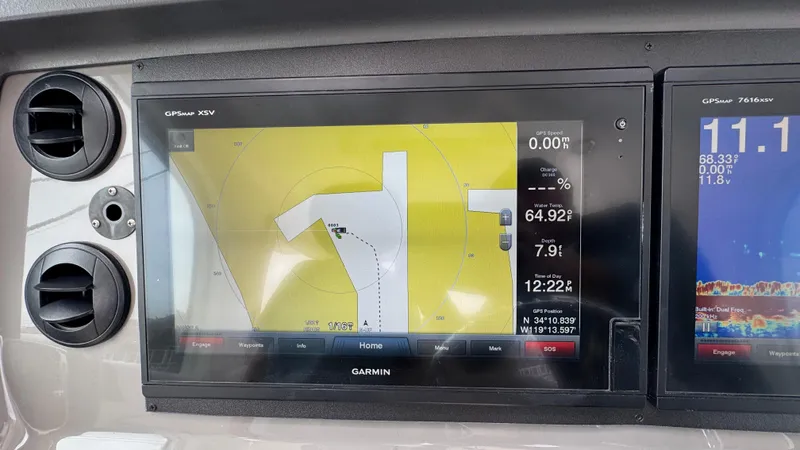  Yacht Photos Pics Garmin GPS display on 2008 Boston Whaler 345 Conquest, showing navigation and marine data.