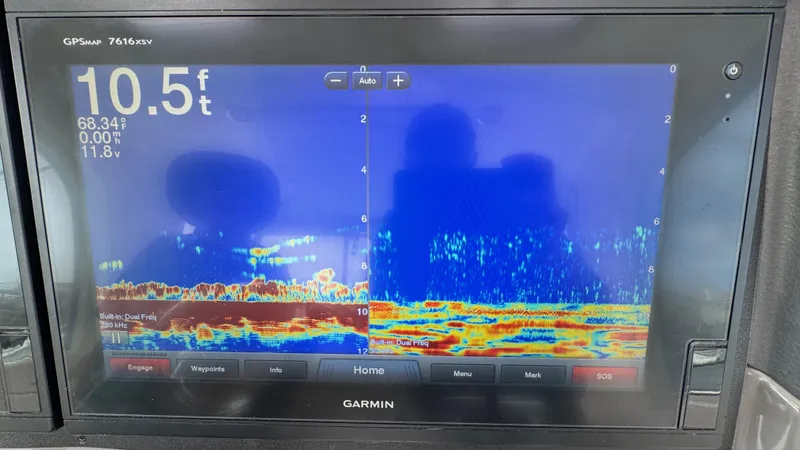 Yacht Photos Pics Garmin GPS display on 2008 Boston Whaler 345 Conquest, showing sonar depth of 10.5 feet.
