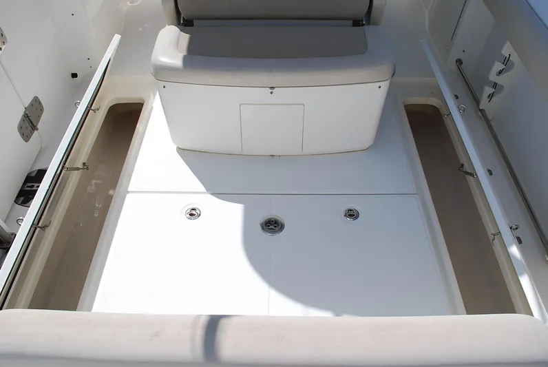  Yacht Photos Pics 2017 Boston Whaler 330 Outrage boat interior with storage compartments open.