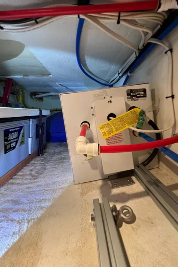 Idaho Red Yacht Photos Pics Great Harbour TT35 2018 boat interior showing wiring and plumbing components.