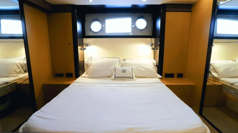 W Yacht Photos Pics Luxurious bedroom interior of 2009 Riva 63 Vertigo yacht with elegant bedding and porthole windows.