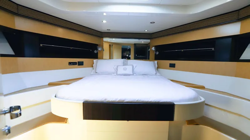W Yacht Photos Pics Luxurious bedroom interior of 2009 Riva 63 Vertigo yacht with modern design.