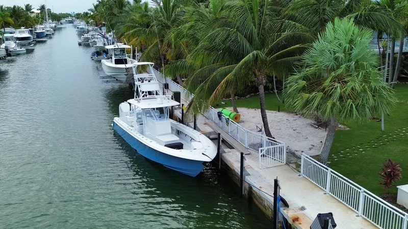  Yacht Photos Pics 2024 Contender 39 ST boat docked by palm trees in a serene canal setting.