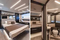 Luxurious interior of 2021 Pershing 8X yacht featuring modern bedroom and bathroom design.