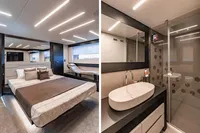Luxurious interior of 2021 Pershing 8X yacht featuring modern bedroom and sleek bathroom design.
