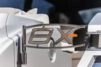 2021 Pershing 8X yacht detail, featuring sleek metallic branding on the exterior.