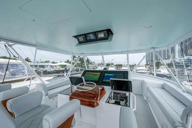 Ebitda Yacht Photos Pics 2009 Viking 60 Convertible yacht helm with modern navigation equipment and luxurious seating.