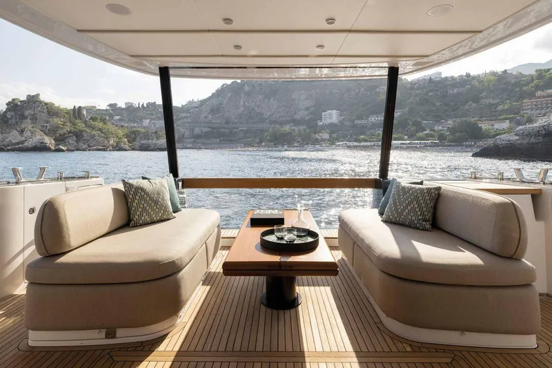  Yacht Photos Pics Luxurious 2024 Azimut Magellano 60 yacht interior with scenic ocean view.