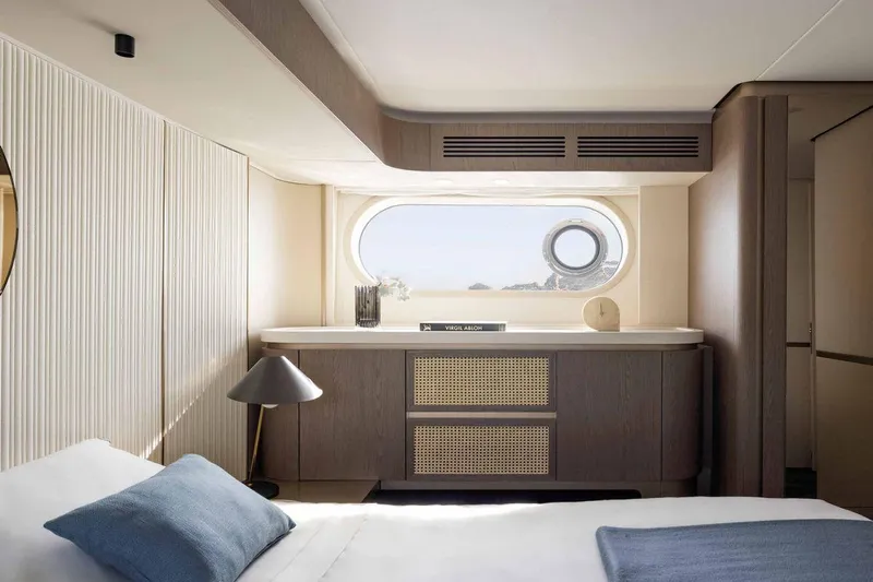  Yacht Photos Pics Luxurious cabin interior of 2024 Azimut Magellano 60 yacht with modern design and ocean view.