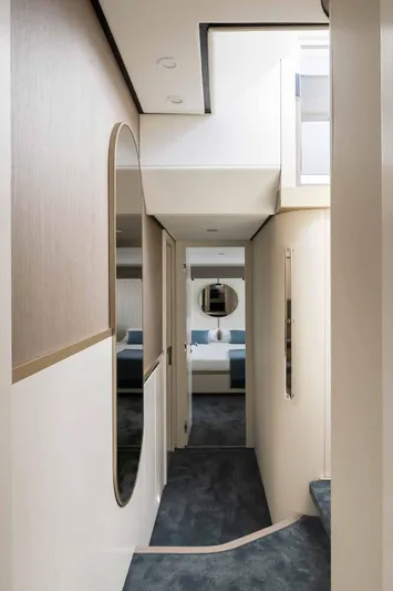  Yacht Photos Pics 2024 Azimut Magellano 60 yacht interior hallway with modern design and elegant finishes.