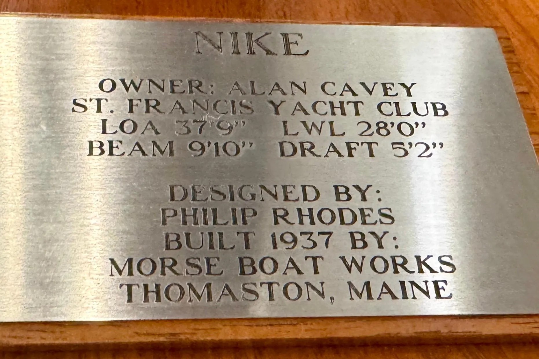 Plaque detailing 1938 Philip Rhodes Cutter, built by Morse Boat Works, Thomaston, Maine.