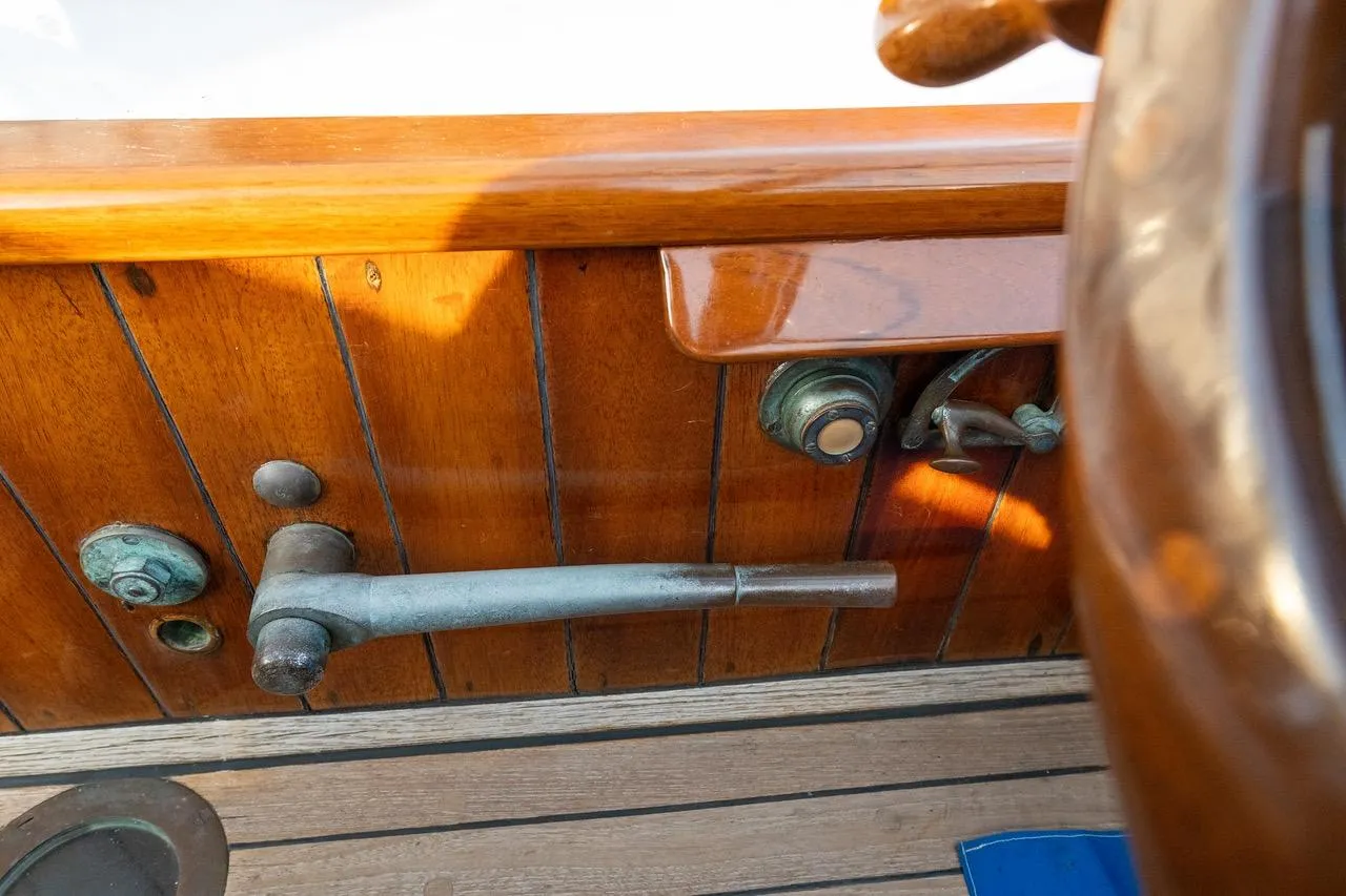 1938 Philip Rhodes Cutter boat interior with vintage wooden and metal fittings.