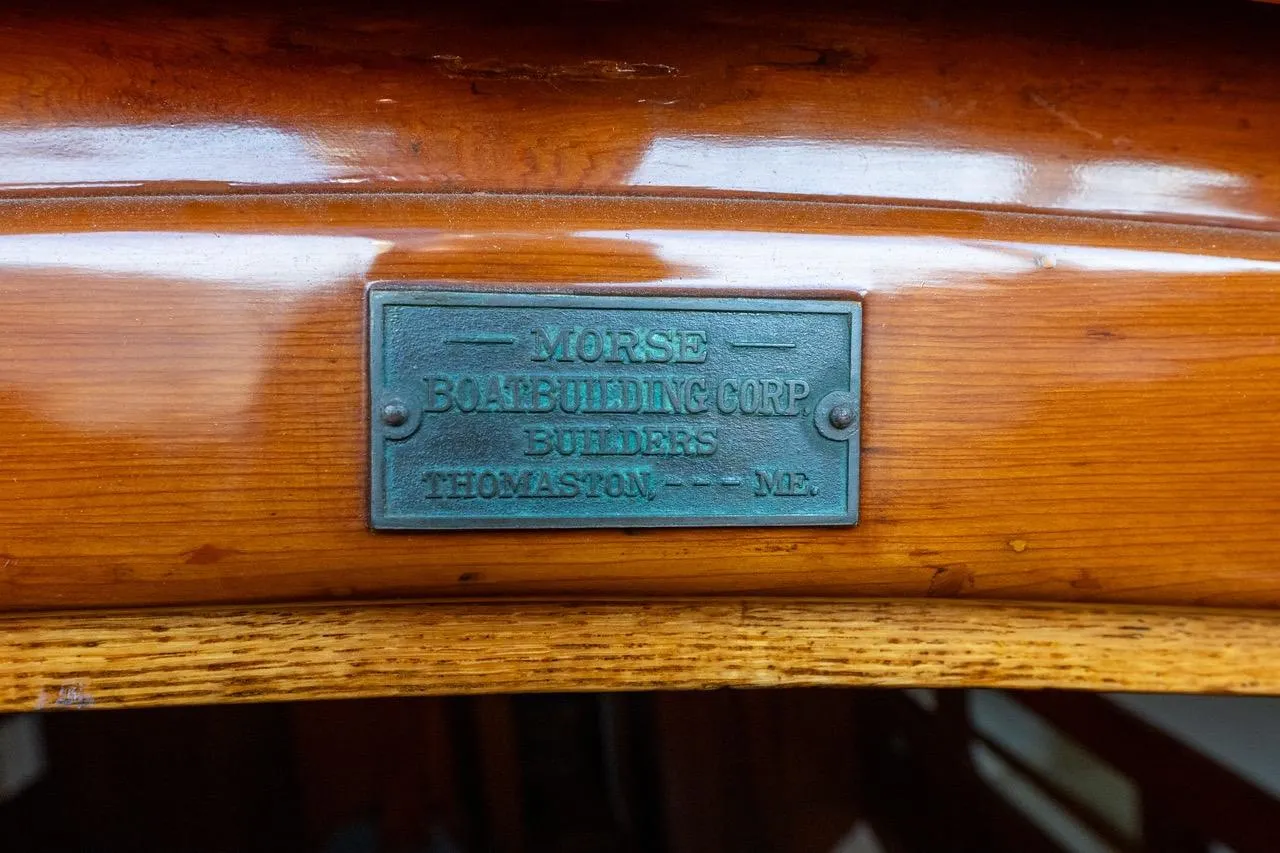 Plaque on 1938 Philip Rhodes Cutter by Morse Boatbuilding Corp, Thomaston, Maine.