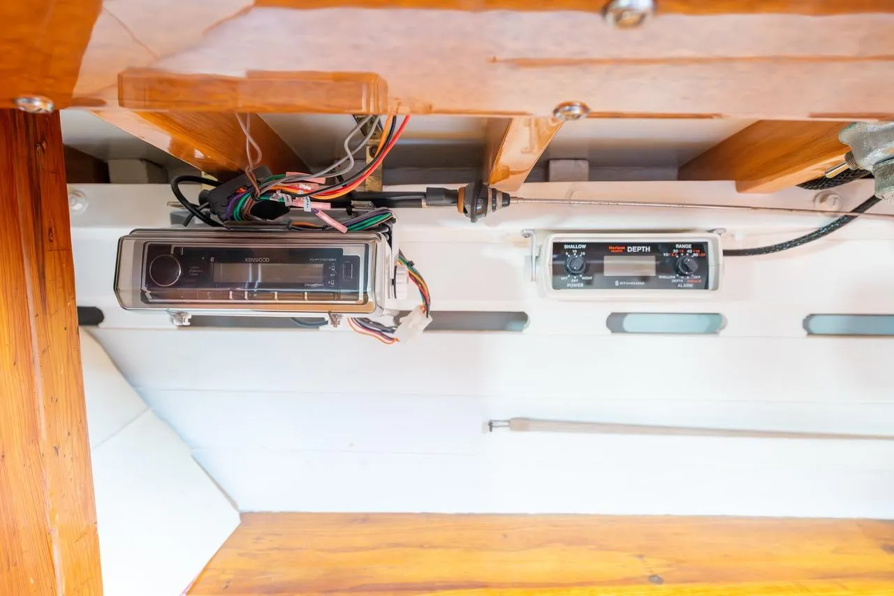 1938 Philip Rhodes Cutter interior with Kenwood stereo and depth gauge.