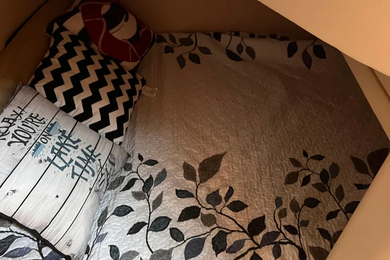  Yacht Photos Pics Cozy cabin interior of 2003 Meridian 341 Sedan with decorative pillows and leaf-patterned bedding.