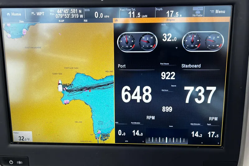  Yacht Photos Pics Meridian 341 Sedan 2003 navigation display showing map, engine RPM, and water temperature.