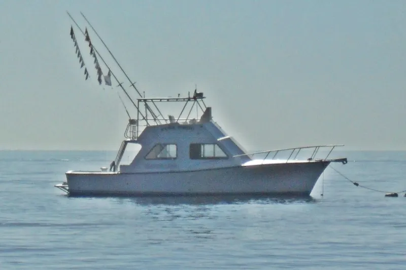 Yacht Photos Pics 2006 Island Hopper Sportfisher boat anchored on calm sea with fishing rods.