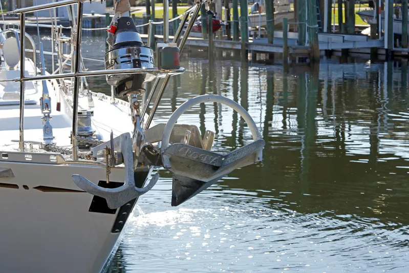 Legacy Yacht Photos Pics Sailboat Hylas 49CC 2012 with anchor at marina dockside.