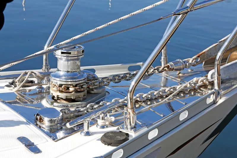 Legacy Yacht Photos Pics Close-up of a 2012 Hylas 49CC yacht's anchor chain and winch system.