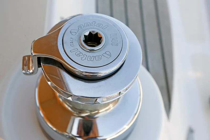 Legacy Yacht Photos Pics Close-up of a shiny Antal winch on a 2012 Hylas 49CC yacht deck.