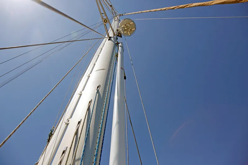 Legacy Yacht Photos Pics Sailboat mast and rigging against clear blue sky, Hylas 49CC, 2012 model.