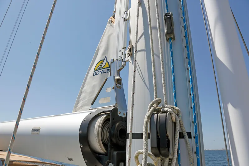 Legacy Yacht Photos Pics Close-up of a 2012 Hylas 49CC sailboat mast with Doyle sail and rigging.