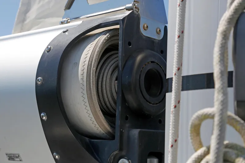 Legacy Yacht Photos Pics Close-up of a Hylas 49CC sail furling mechanism, 2012 model, with ropes and hardware.