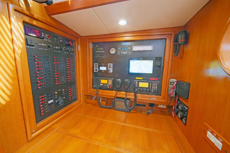 Legacy Yacht Photos Pics Control panel of a 2012 Hylas 49CC yacht with navigation and communication equipment.