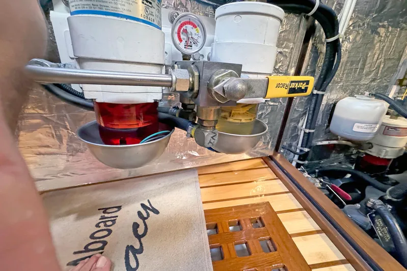 Legacy Yacht Photos Pics Engine room of a 2012 Hylas 49CC yacht with fuel filtration system.