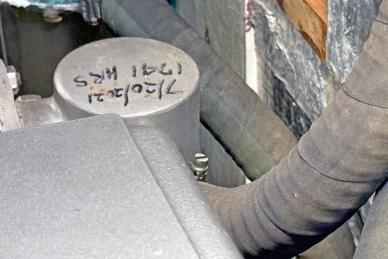 Legacy Yacht Photos Pics Close-up of Hylas 49CC engine component with handwritten markings, 2012 model.