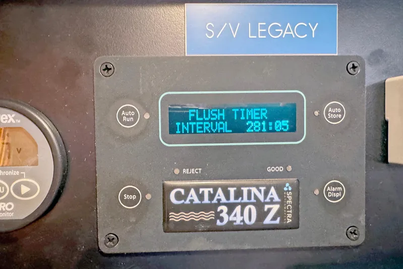 Legacy Yacht Photos Pics Control panel of a Hylas 49CC yacht, displaying flush timer interval.