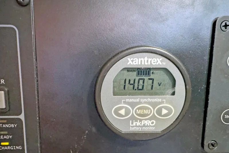 Legacy Yacht Photos Pics Xantrex LinkPRO battery monitor displaying 14.07 volts on a Hylas 49CC, 2012 model.