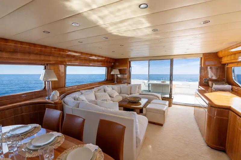 Agios Nikolaos I Yacht Photos Pics Luxurious interior of 2004 Posillipo Technema 80 yacht with ocean view and elegant furnishings.