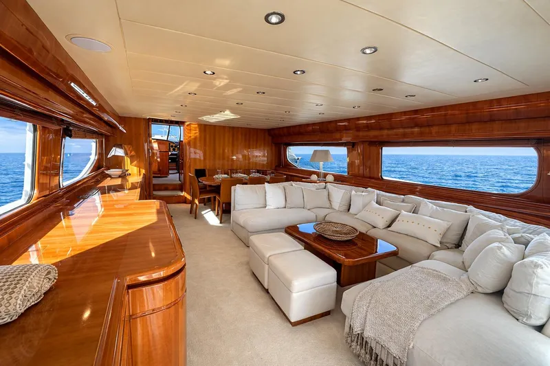 Agios Nikolaos I Yacht Photos Pics Luxurious 2004 Posillipo Technema 80 yacht interior with elegant wood finishes and ocean view.