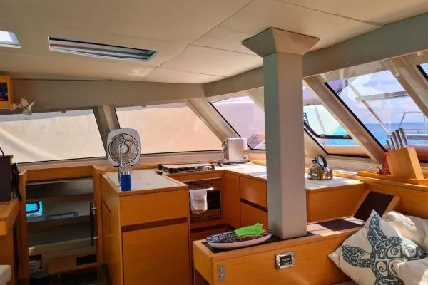 Kaikira Yacht Photos Pics Interior of 2019 Nautitech 46 catamaran with modern kitchen and panoramic windows.