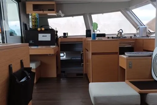 Kaikira Yacht Photos Pics Interior of 2019 Nautitech 46 catamaran with modern kitchen and seating area.