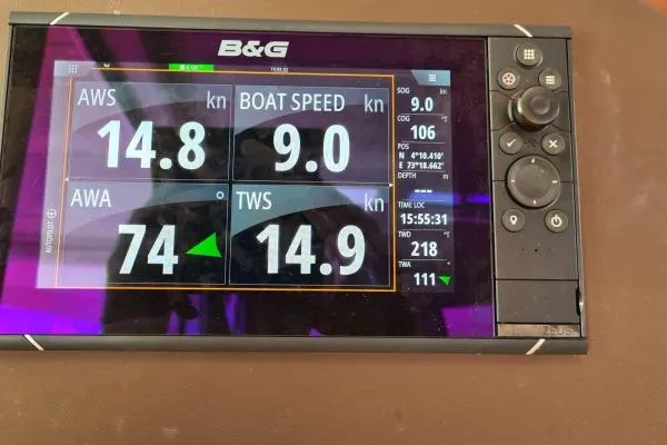 Kaikira Yacht Photos Pics B&G navigation display on Nautitech 46, showing speed and wind data, 2019 model.