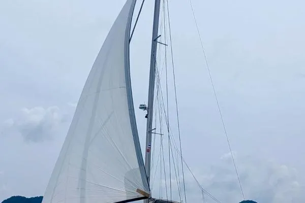 Kaikira Yacht Photos Pics Sailing catamaran Nautitech 46, 2019 model, with full sails against a cloudy sky.