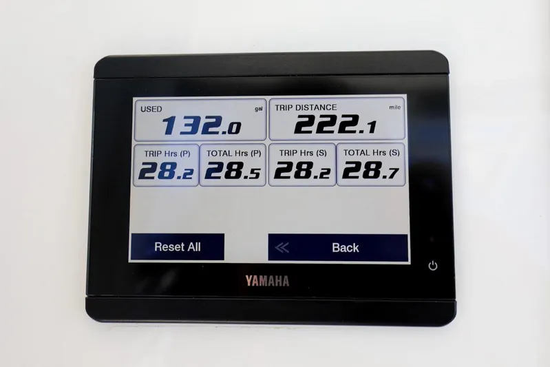  Yacht Photos Pics Yamaha display showing fuel usage and trip distance on 2024 Regulator 23 boat.