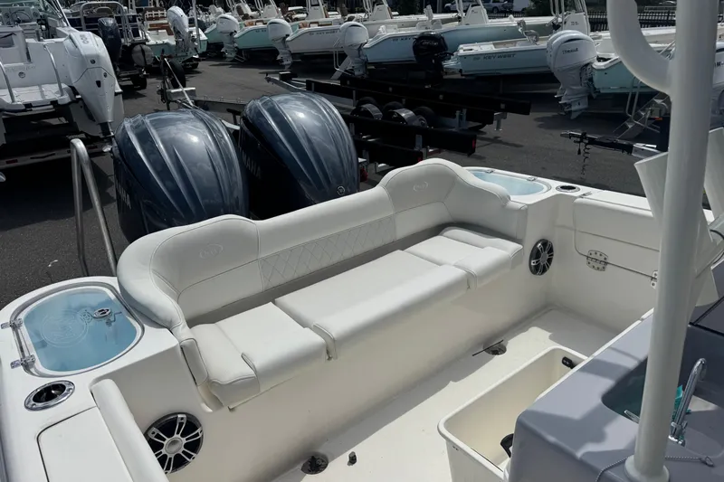  Yacht Photos Pics 2025 Key West 263 FS boat interior with seating and twin Yamaha engines.